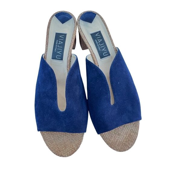 Viajiyu Blue Suede Peep Toe Sandals W/Woven Block Heel For Women Size 37- LT3246 - Picture 1 of 4